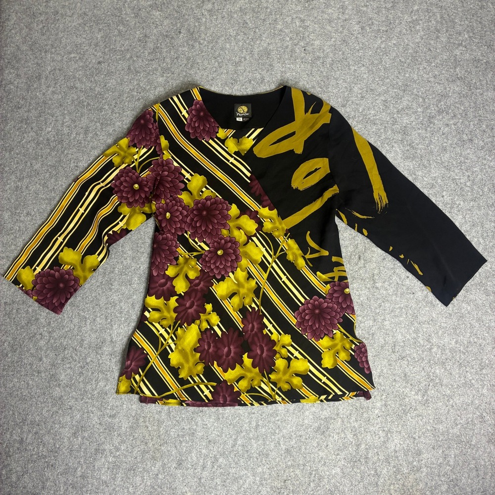Anne Namba Womens Size S 100% Silk Asymmetrical Floral Stripe Calligraphy Blouse